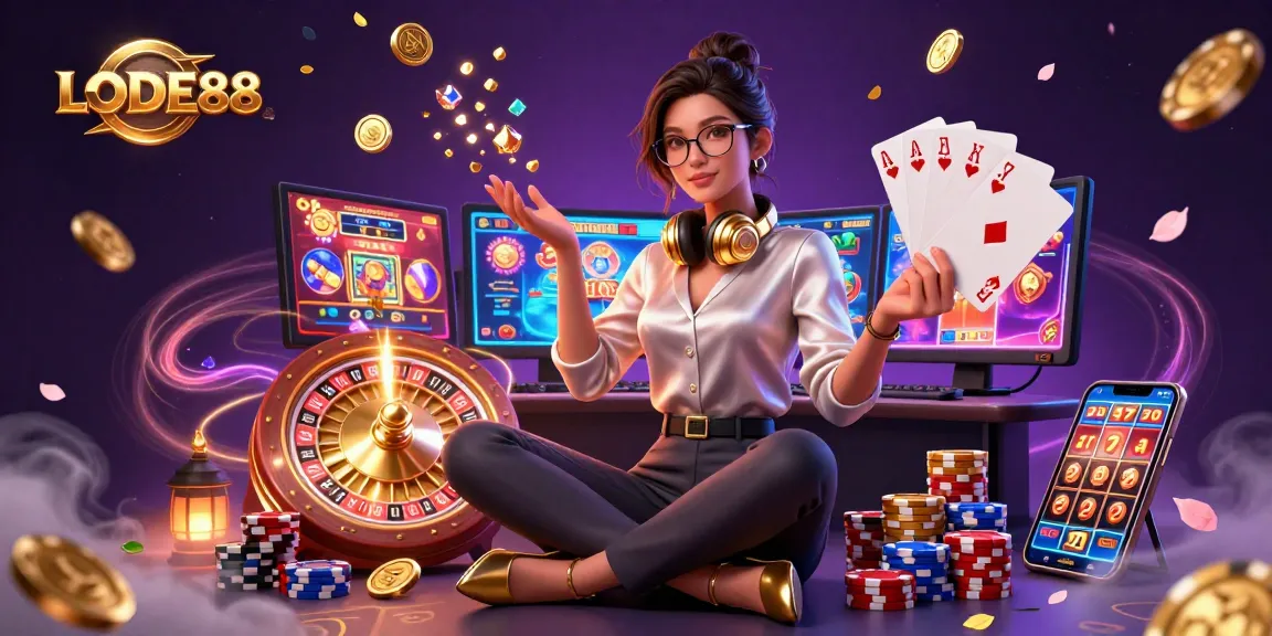 Engage in LODE88 with dynamic slot games, golden coins, and vibrant casino elements.