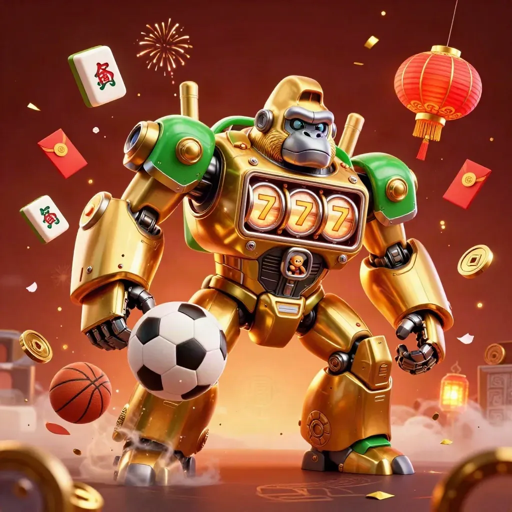 Golden gorilla mech with monkey pilot amid flying casino charms, balls, embers, and glowing fog.