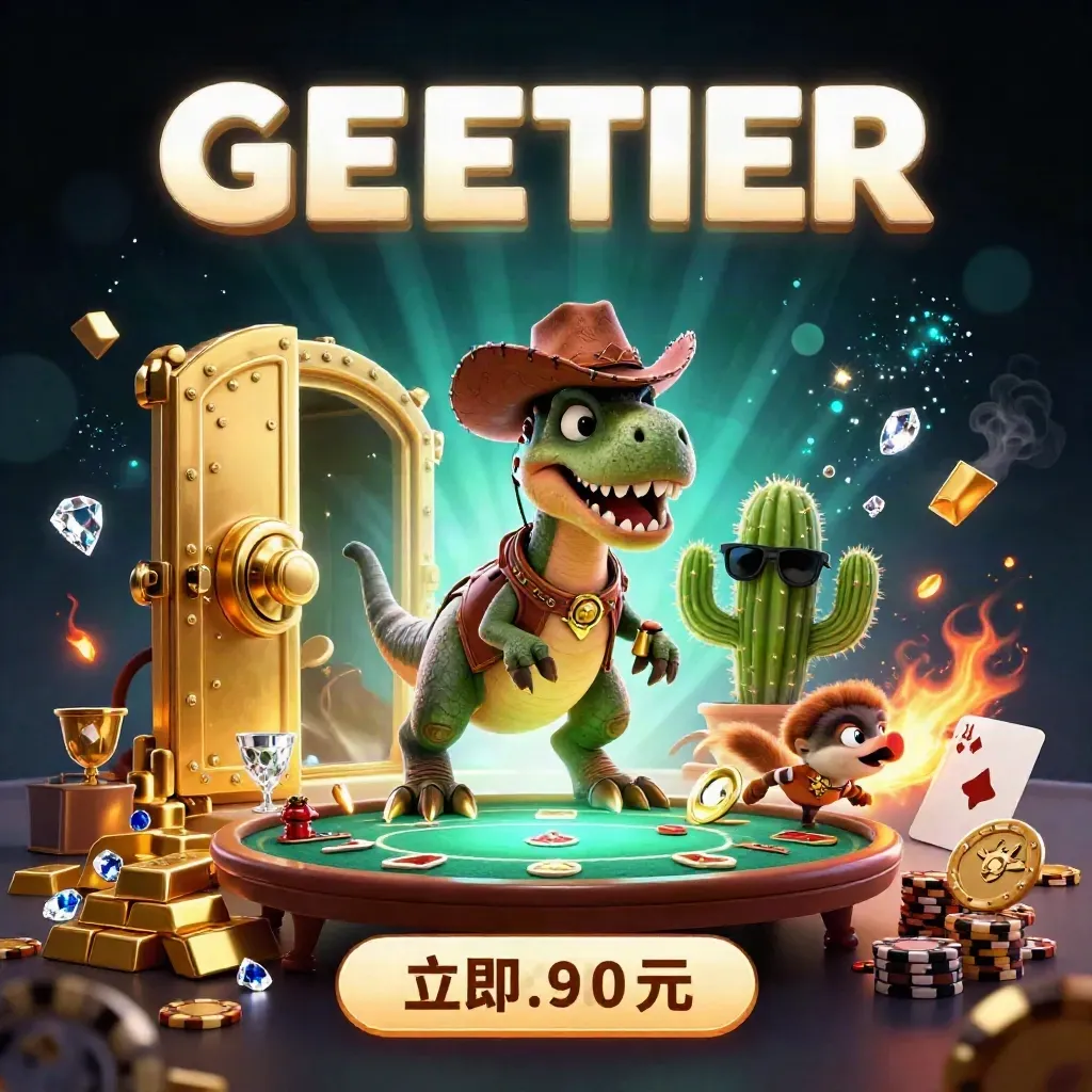 Cowboy T-Rex, cactus, and roadrunner raid a glowing vault amid poker riches