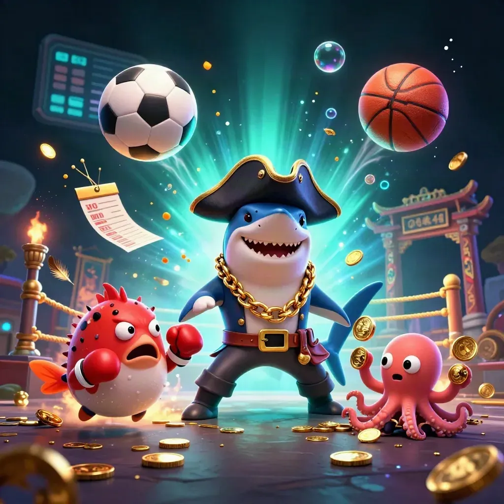 Pirate shark, pufferfish, and octopus amid flying coins, balls, and neon casino effects.
