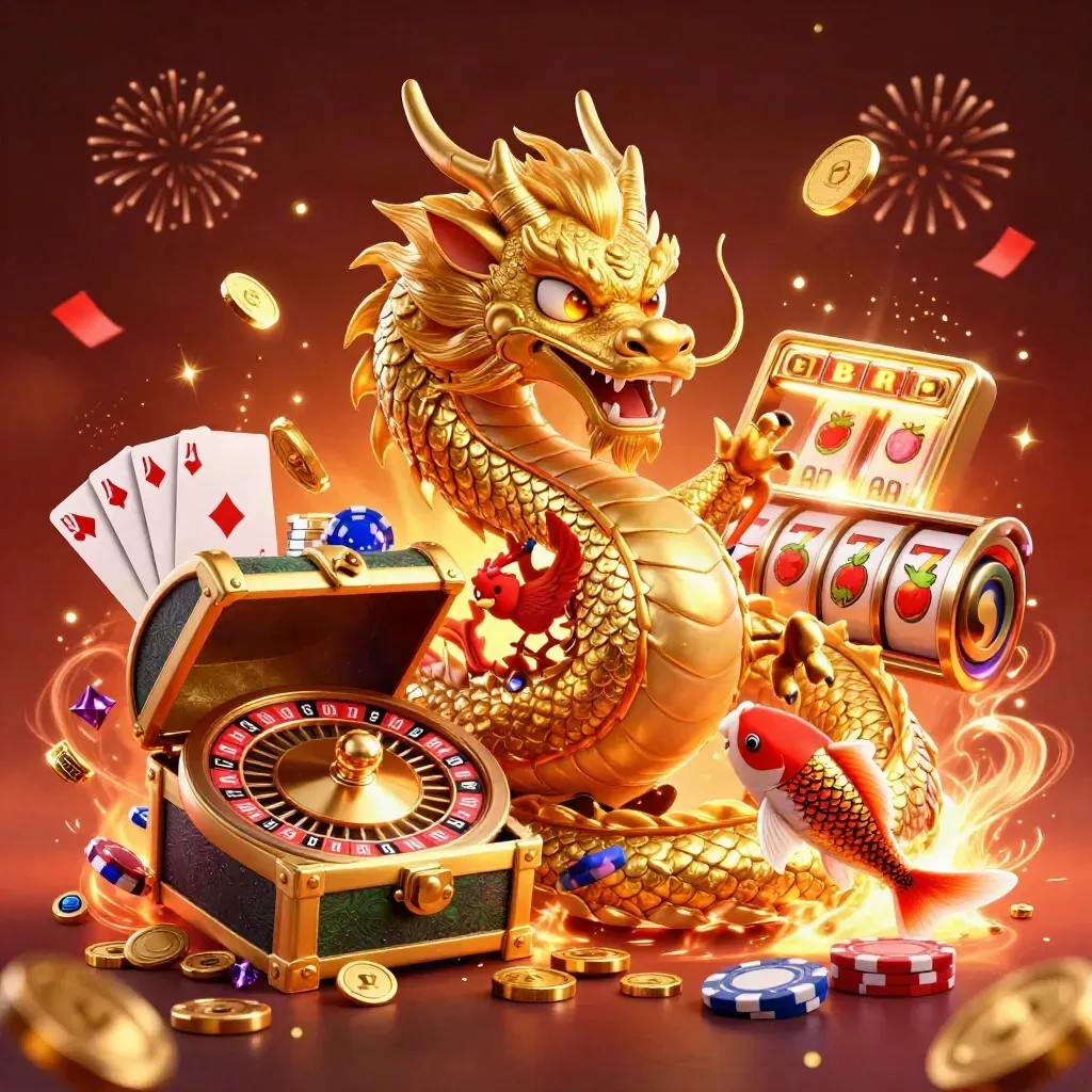 Golden dragon and phoenix over poker chips, coins, cards, and a spinning roulette wheel.