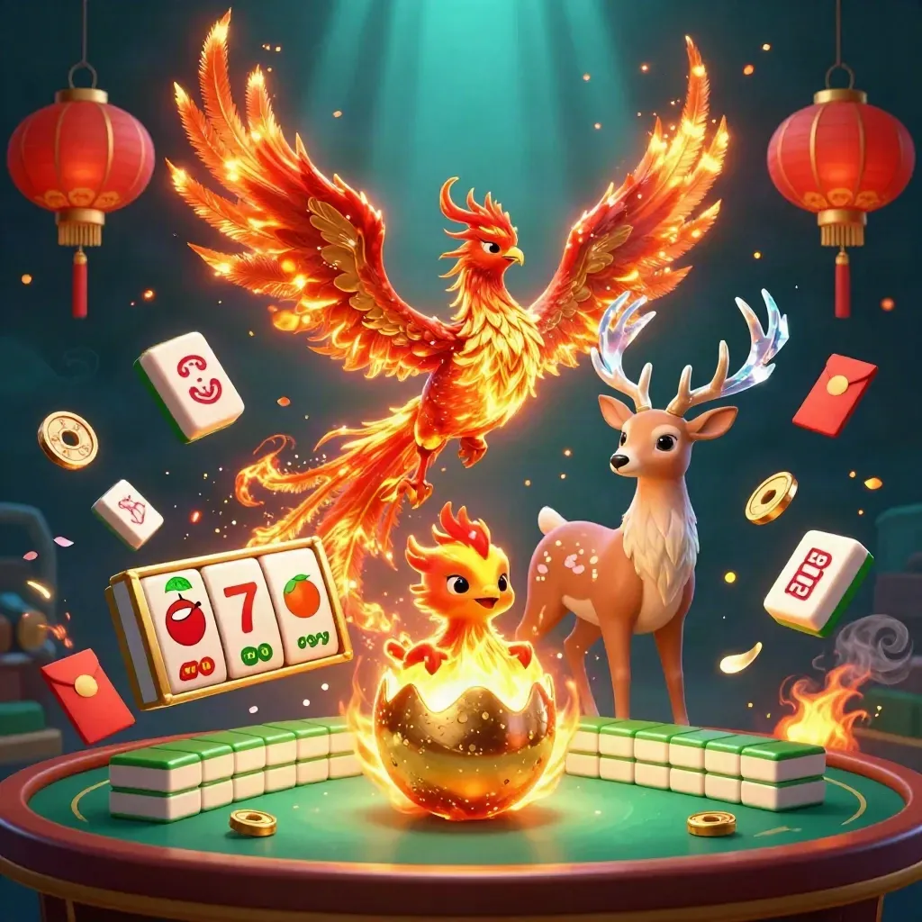 Phoenix trio with stag, glowing egg, mahjong and casino sparks in premium green-gold key art