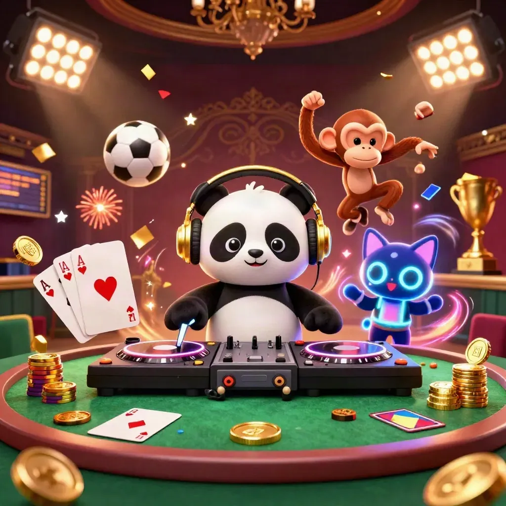 DJ panda, breakdancing monkey, and glow-stick kitten amid poker chips, coins, fireworks, and gold lights.