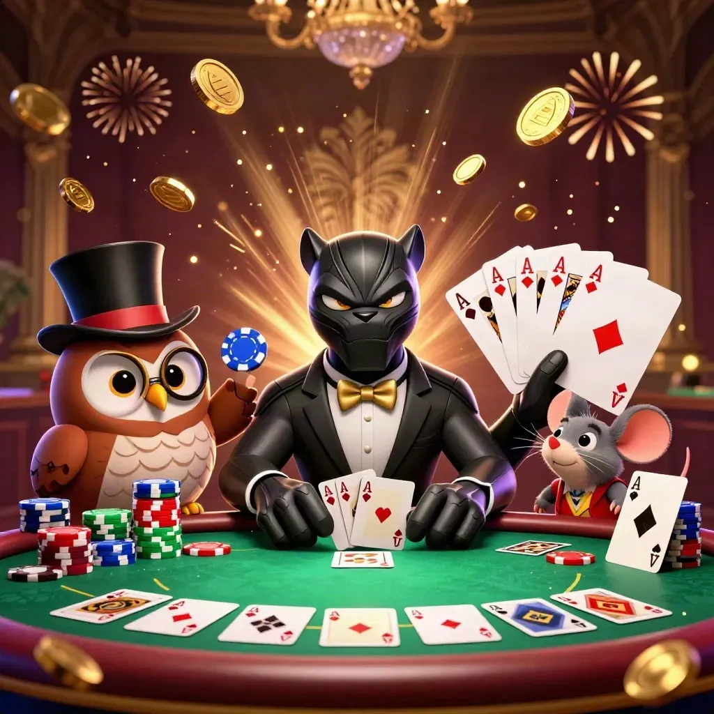Black panther, owl, and mouse at a glowing poker table with chips, aces, coins, and fireworks.