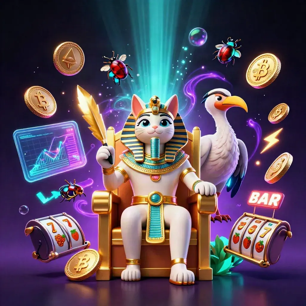 Pharaoh cat on throne with ibis scribe, scarabs, coins, reels, and neon magic
