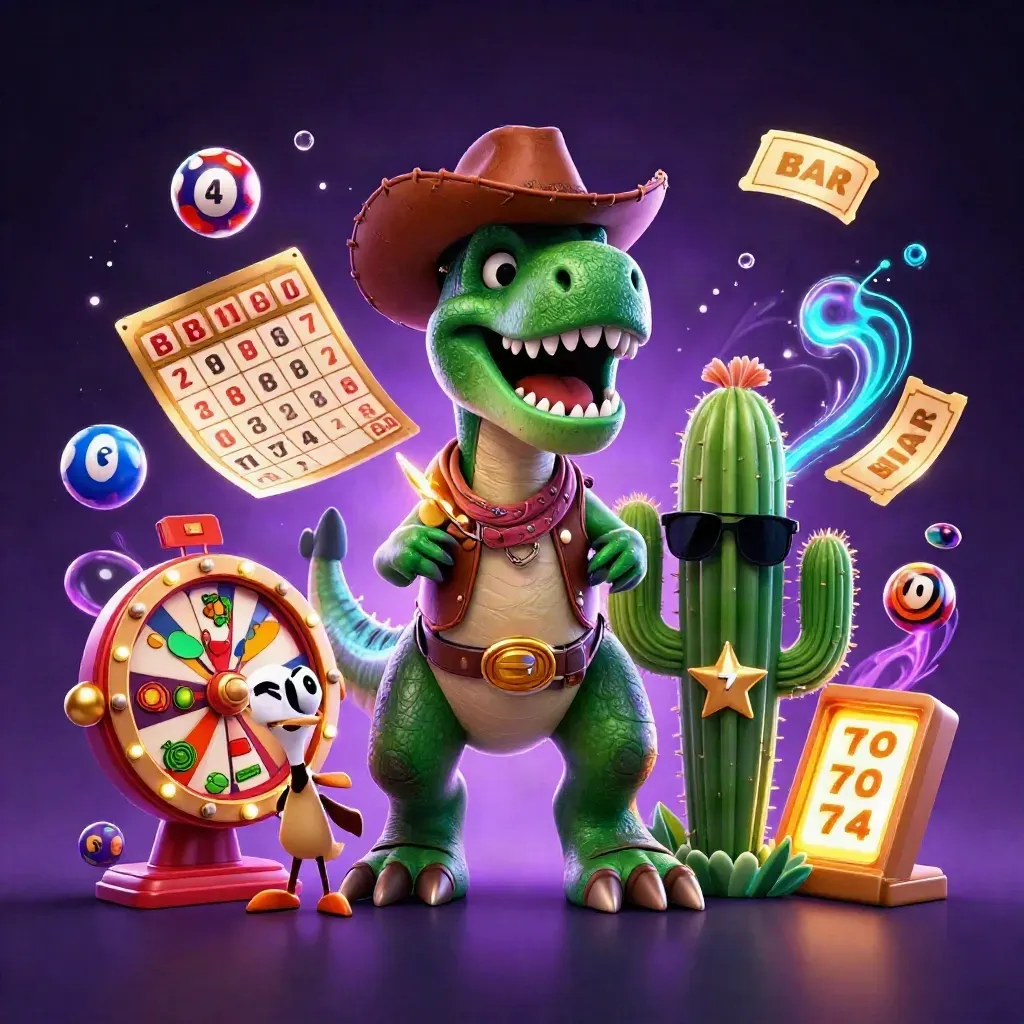Cowboy T-Rex, cactus, and roadrunner amid casino bursts, glowing against a dark purple starfield.
