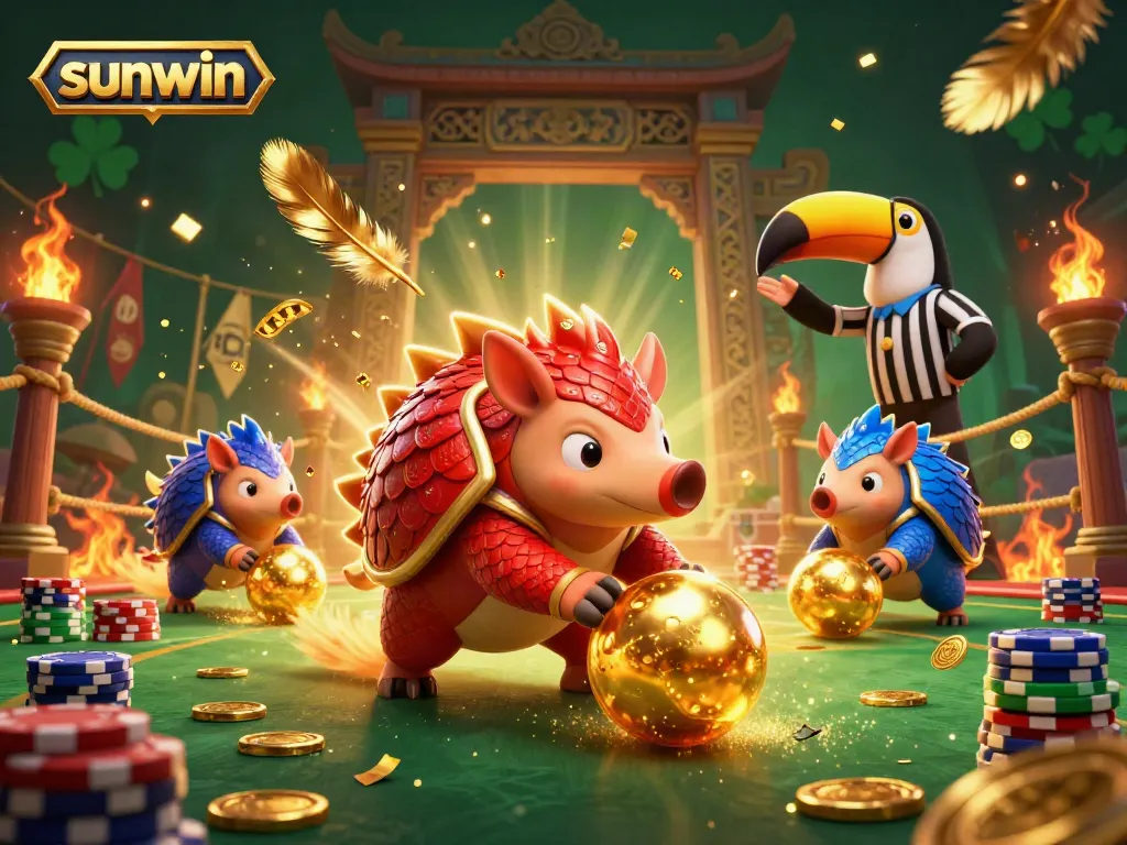 Experience the thrill of sunwin with rival pangolins competing in a vibrant, animated casino scene filled with golden elements.