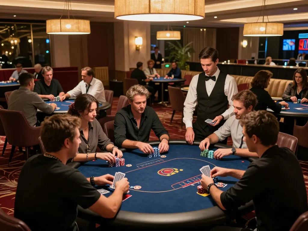 Engaged players at casinosscope poker tables, showcasing betting strategies and lively atmosphere.