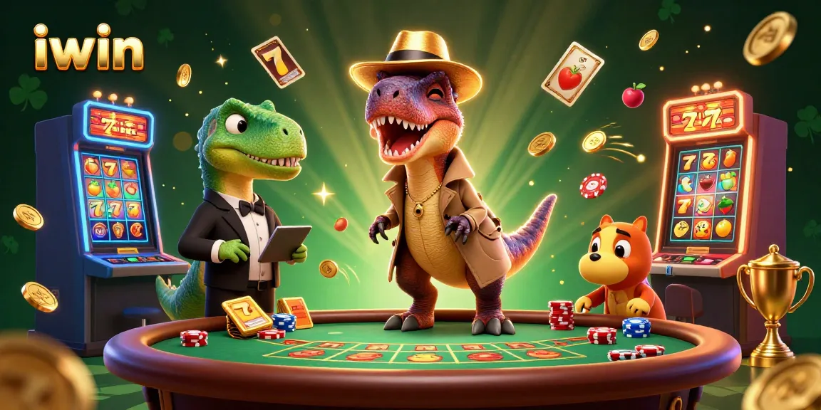 iwin showcases a velociraptor card counter in a Vegas-themed casino scene with a stegosaurus pit boss.