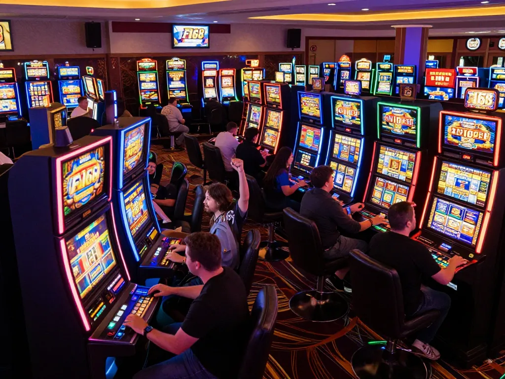 Players enjoying vivid slot machines while engaging with the f168slot experience, capturing the excitement of casino gaming.