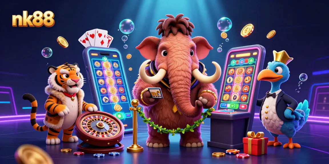 Experience nk88 with a vibrant casino scene featuring unique characters and dynamic gaming elements.