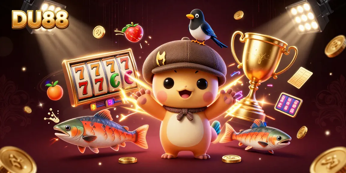 Experience the thrilling DU88 slots with cartoon Nessie, magpie, and salmon amidst vibrant casino elements.