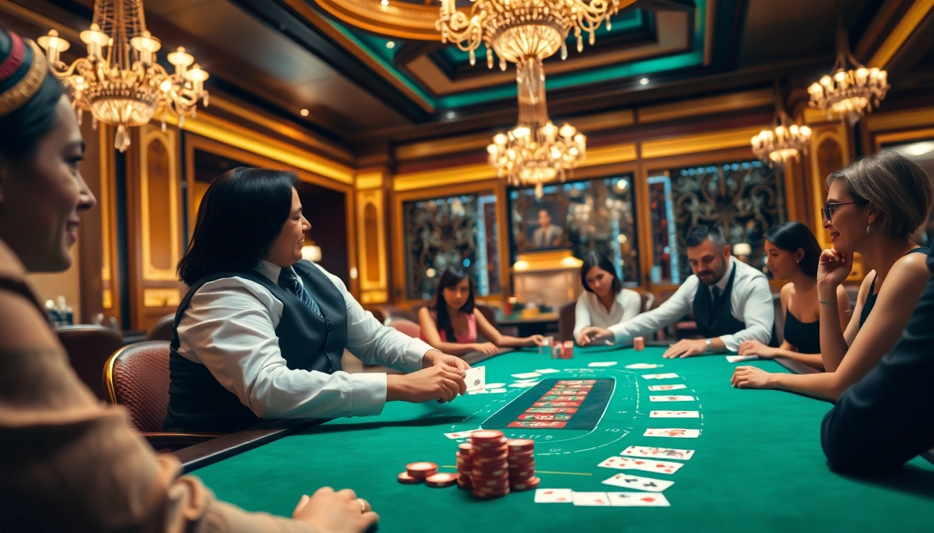 Engaging blackjack casino scene with a professional dealer and players at the table.