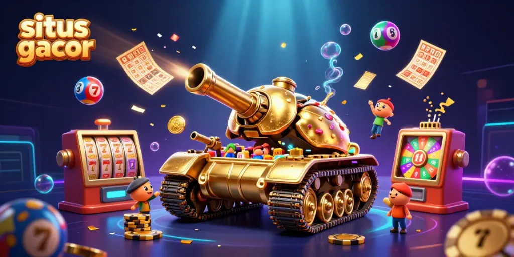 Permainan slot gacor yang menarik dengan elemen menarik, kontras warna dan energi.