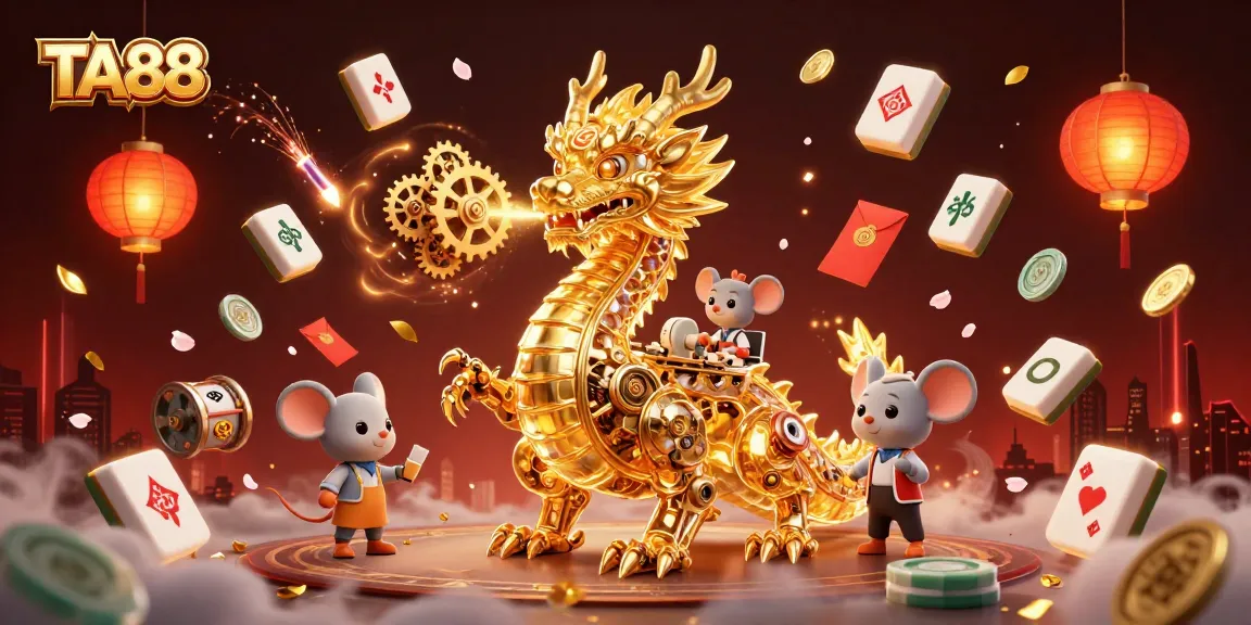 TA88 showcases a golden dragon and mouse engineer amidst vibrant casino elements, symbolizing excitement.