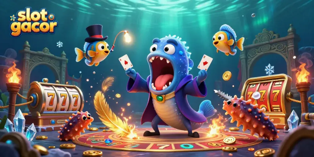 Engaging slot gacor scene featuring enchanting sea creatures performing magic tricks underwater.