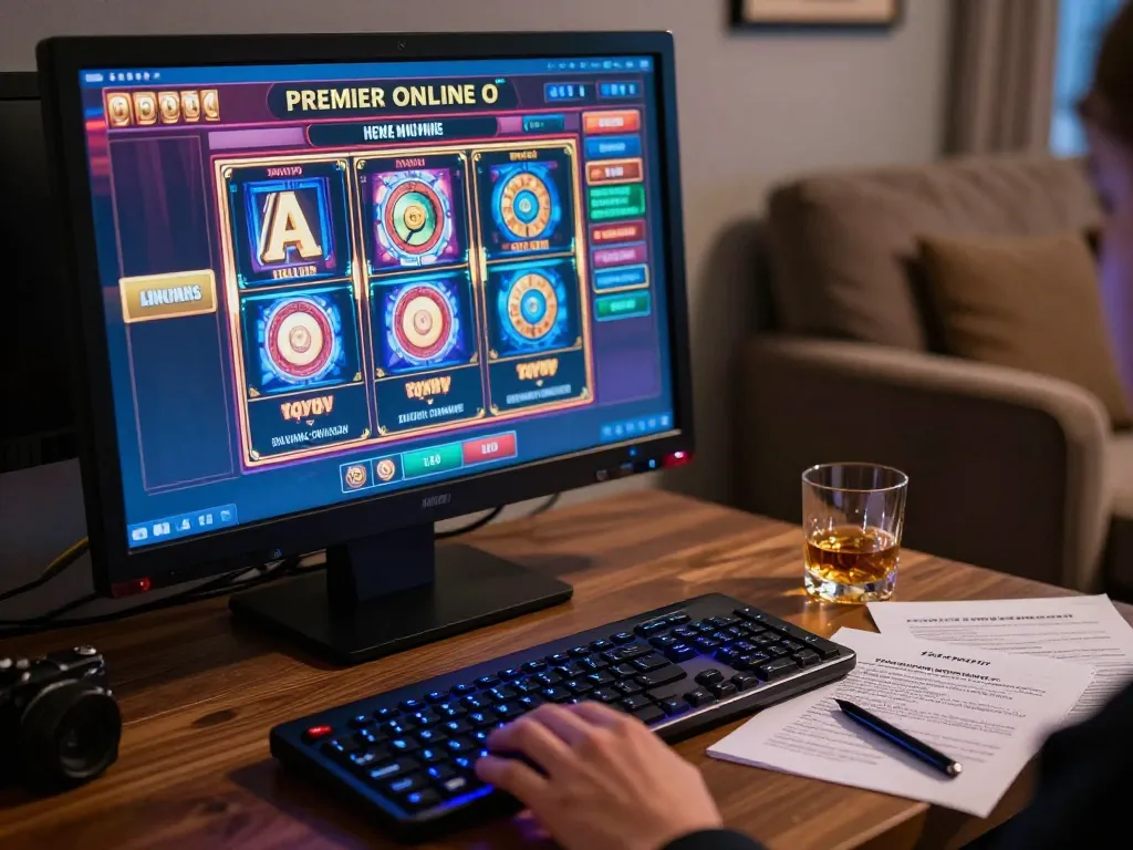 Playing slot games online on a computer screen showcasing หนังใหม่ชนโรง while sipping whiskey.