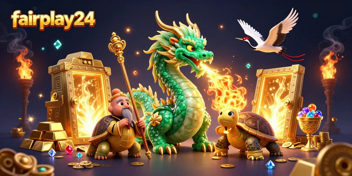Experience fairplay24's vibrant betting realm with a dragon, turtle sage, and lucky cranes