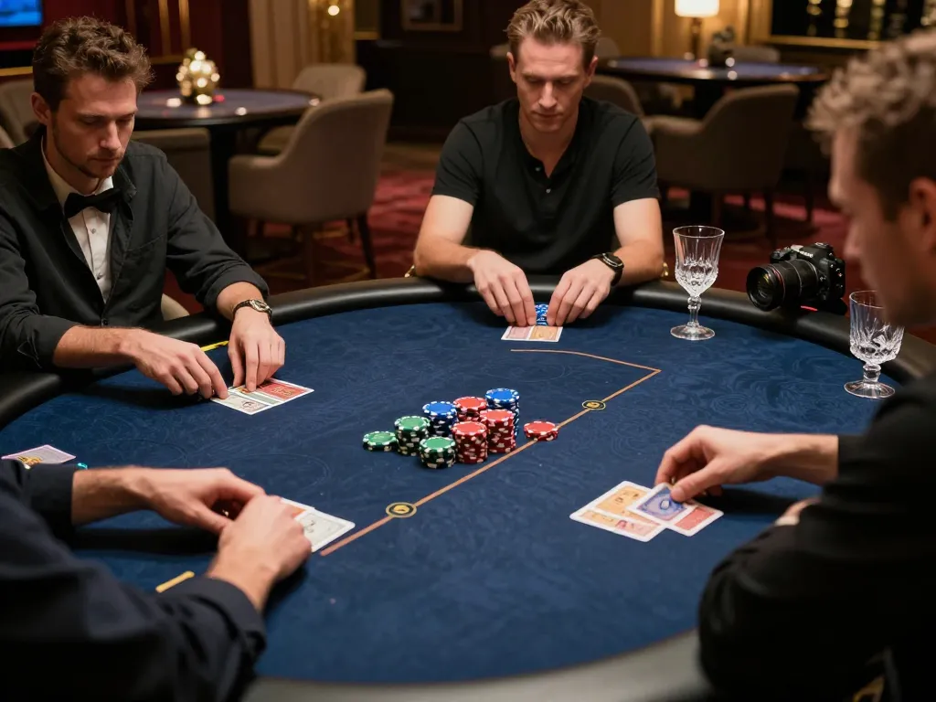 Players strategizing during a tense HM88 poker match in an upscale casino atmosphere.