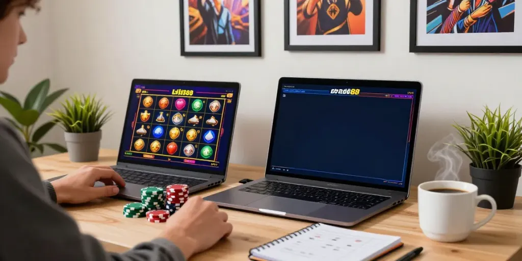Player enjoying an immersive slot88 online gaming experience in a cozy home office.