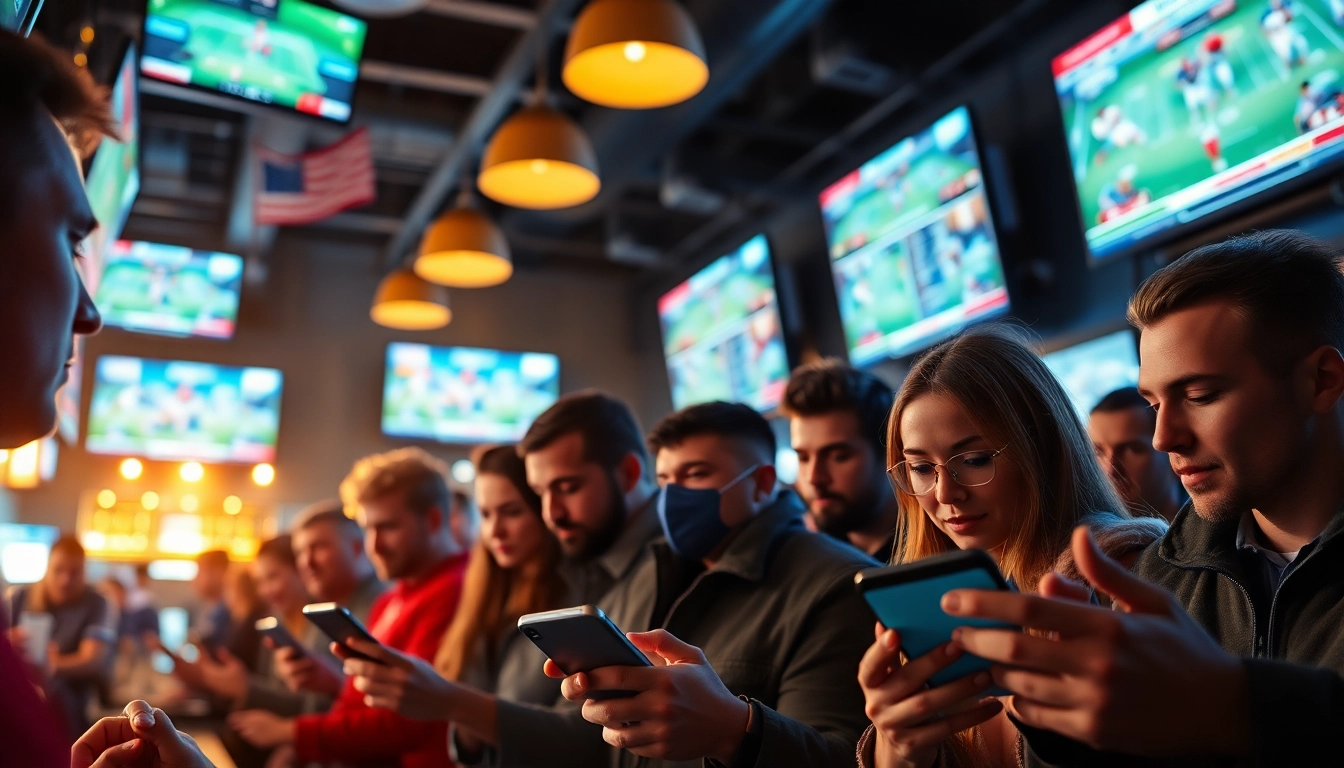 Engaging scene of sports betting with fans analyzing odds in a lively atmosphere