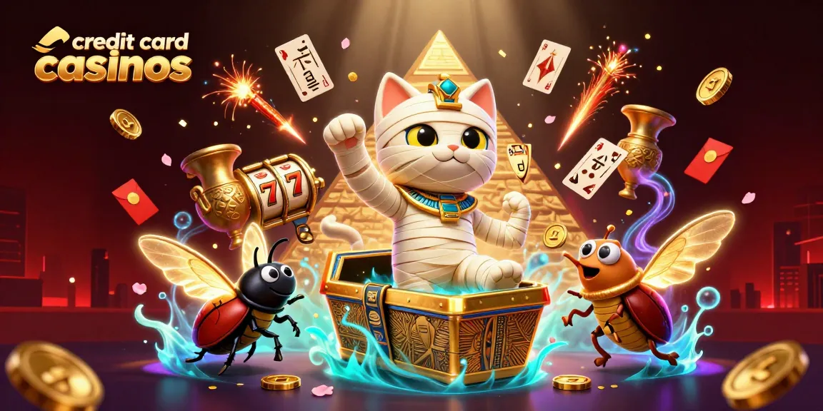 Engaging illustration of credit card casinos featuring Egyptian mummy cat, glowing beetle, and vibrant casino elements.
