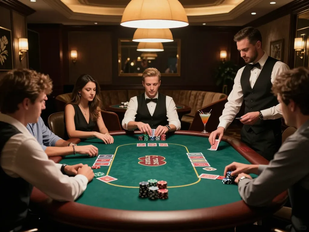 Hitclub players focusing intently on their Texas Hold'em strategy in an elegant poker room