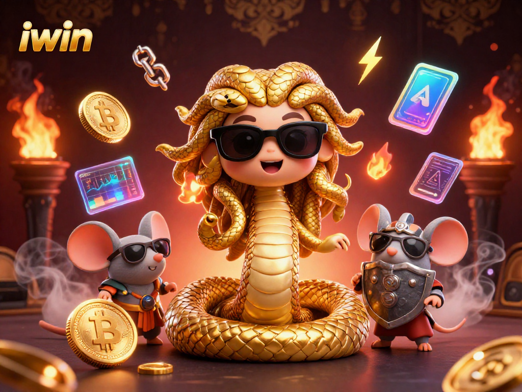Engage with the iwin platform showcasing a lively 3D casino scene filled with Medusa, a warrior mouse, and vibrant crypto elements.