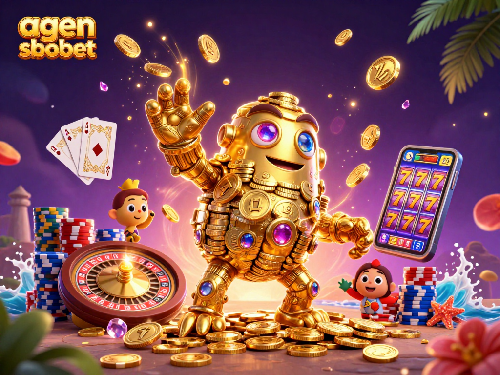 Engage with agen sbobet through an impressive 3D casino scene filled with vibrant gambling elements.