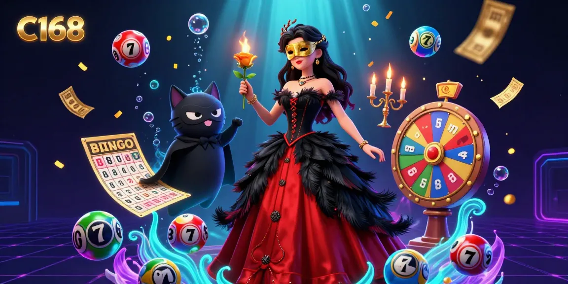 C168 platform celebrates vibrant lottery action with a glamorous masked character amidst colorful game elements.