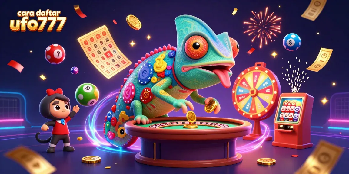 Engage with the vibrant cara daftar ufo777 scene featuring a chameleon casino owner amidst lottery balls and golden confetti.