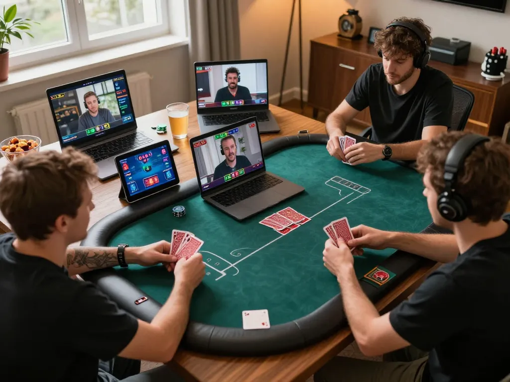 Players enjoying an exciting online poker game with 88aa on their screens, showcasing dynamic gameplay and social interaction