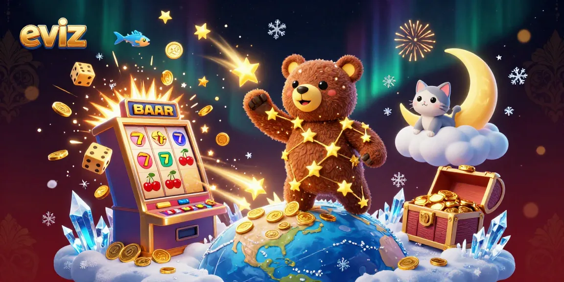 eviz showcases an enchanting 3D scene of a casino-themed constellation bear collecting coins while surrounded by jackpot symbols and vibrant game elements.