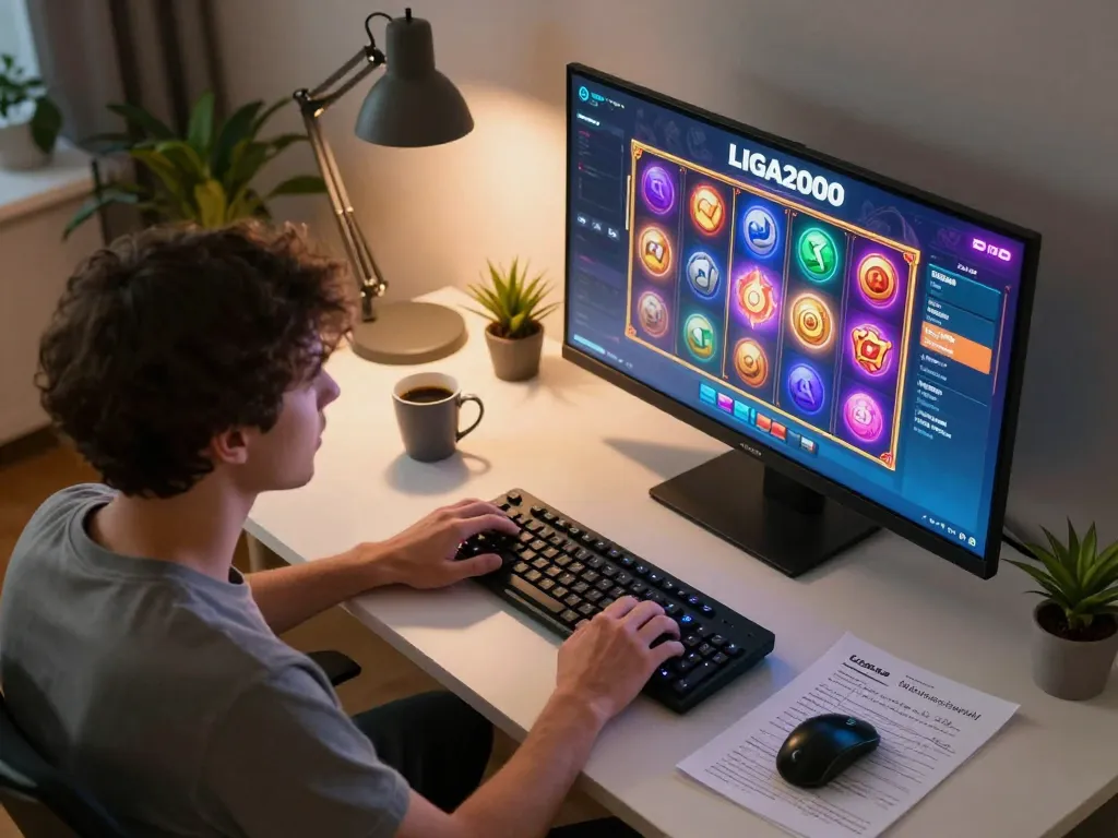 LIGA2000 player engaging with interactive slot video game at home, emphasizing strategic gameplay.