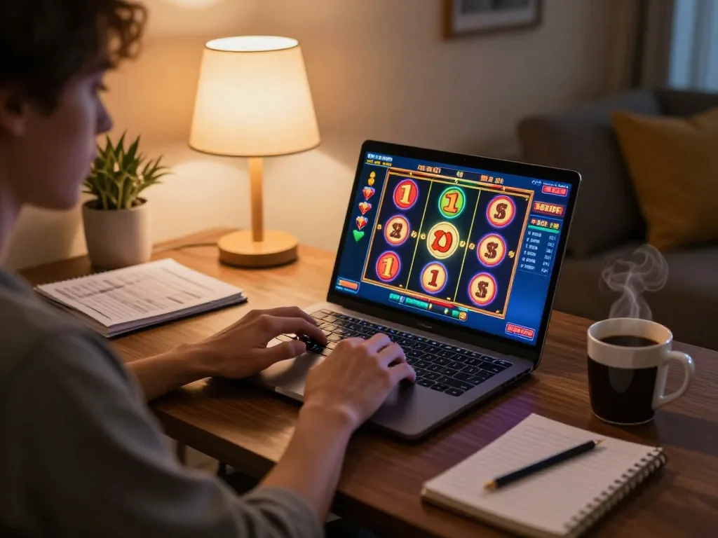 Engaged player enjoying Jun88 slots on a laptop in a cozy home environment.