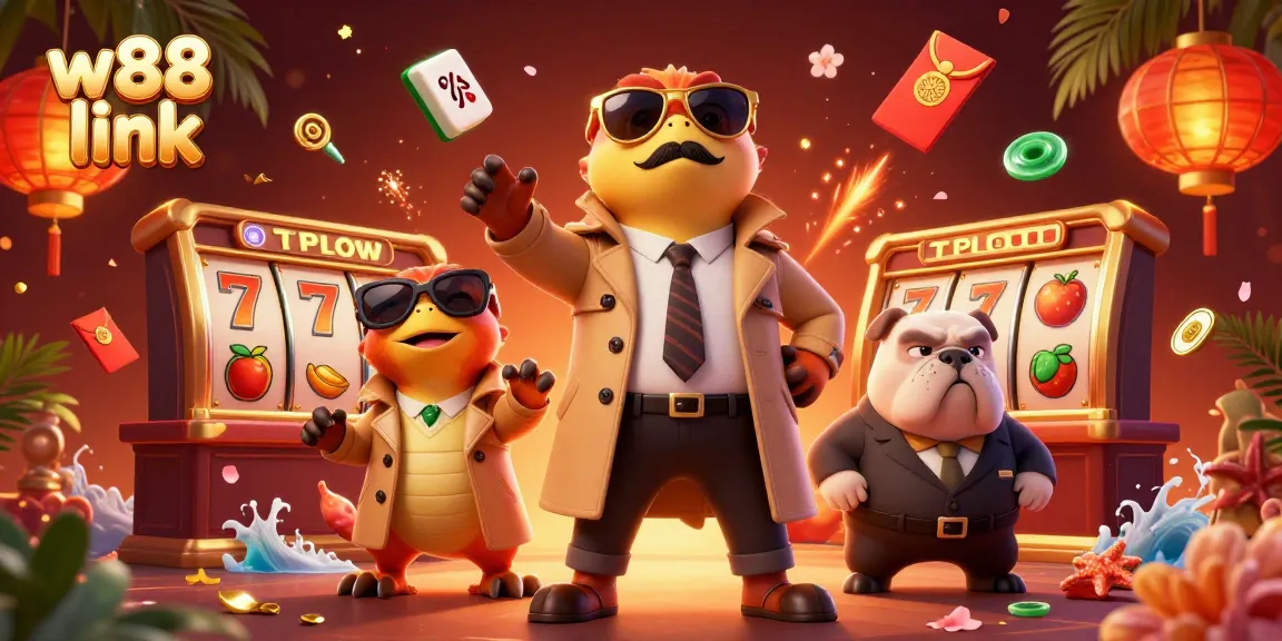 Engage with w88 link for thrilling casino action featuring raptors in a trench coat at a vibrant gaming lounge.