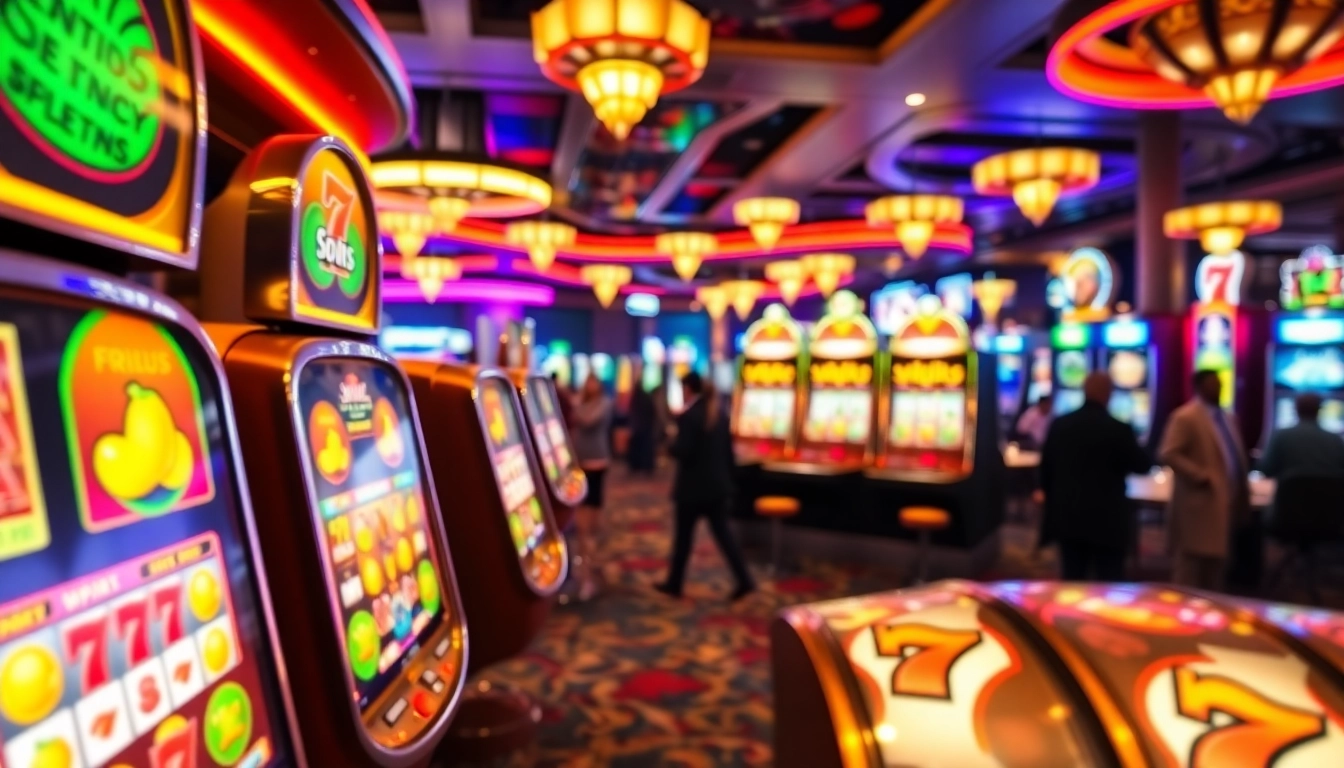 Slot Game menampilkan suasana kasino yang meriah dengan mesin slot berwarna-warni.