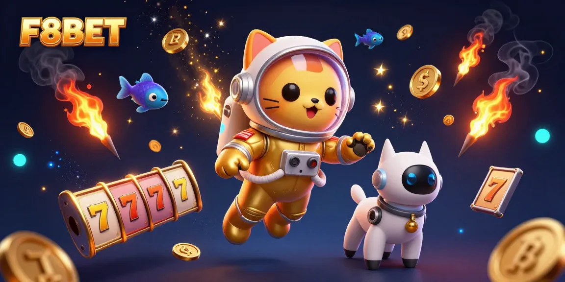 Experience the thrills of F8BET with an imaginative 3D illustration of an astronaut cat, robot dog, and casino elements.