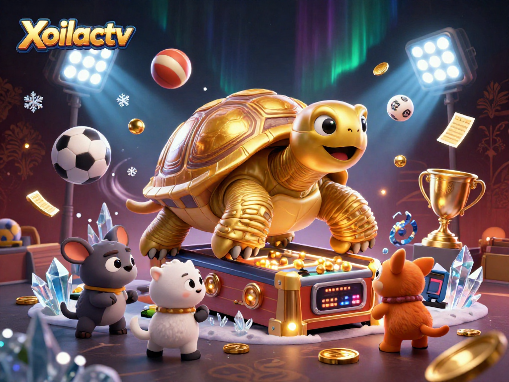 Xoilactv showcases a dynamic betting scene with a colossal tortoise and sports elements, engaging players in the excitement of gambling.