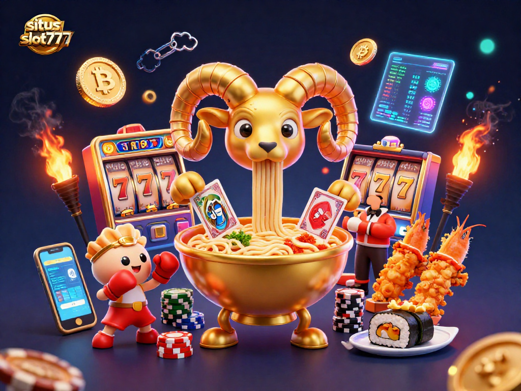 Situs slot777 showcases a vibrant gaming scene with a golden ramen bowl dealer, enhancing excitement in online slots.