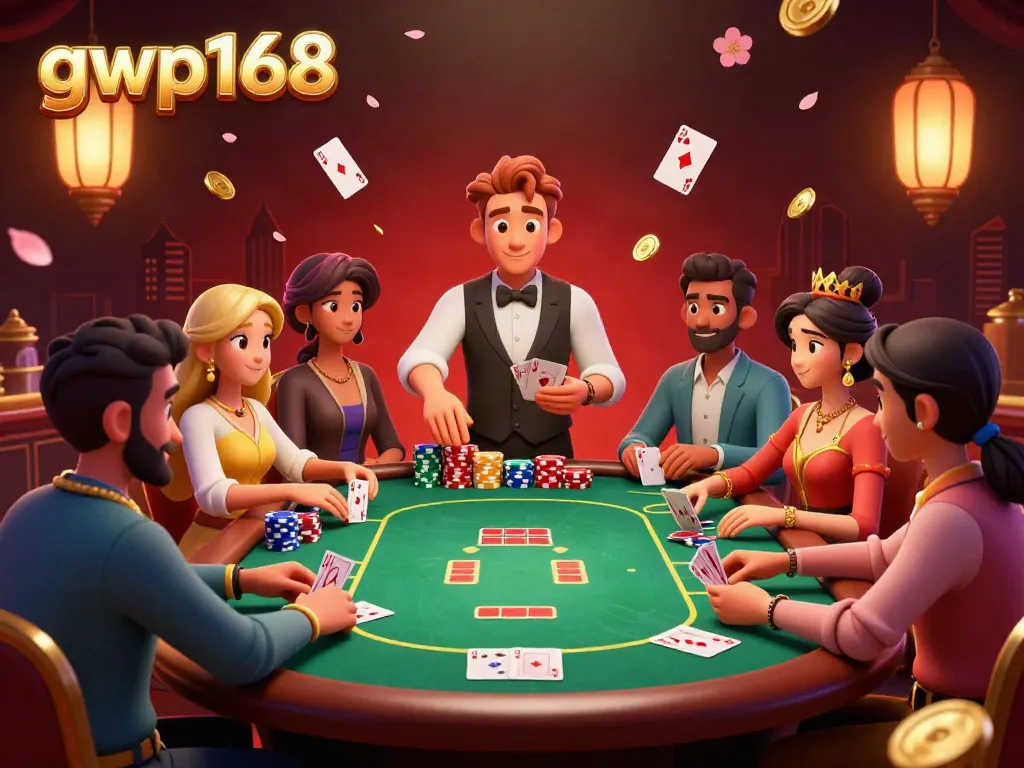 Pemain poker yang seru di gwp168 dengan tumpukan chip berwarna-warni dan kartu terbang di udara.