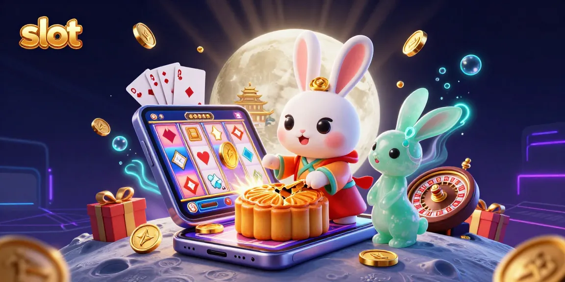 Experience thrilling slot gameplay with our vibrant 3D illustration featuring a rabbit, mooncake, and poker chips.