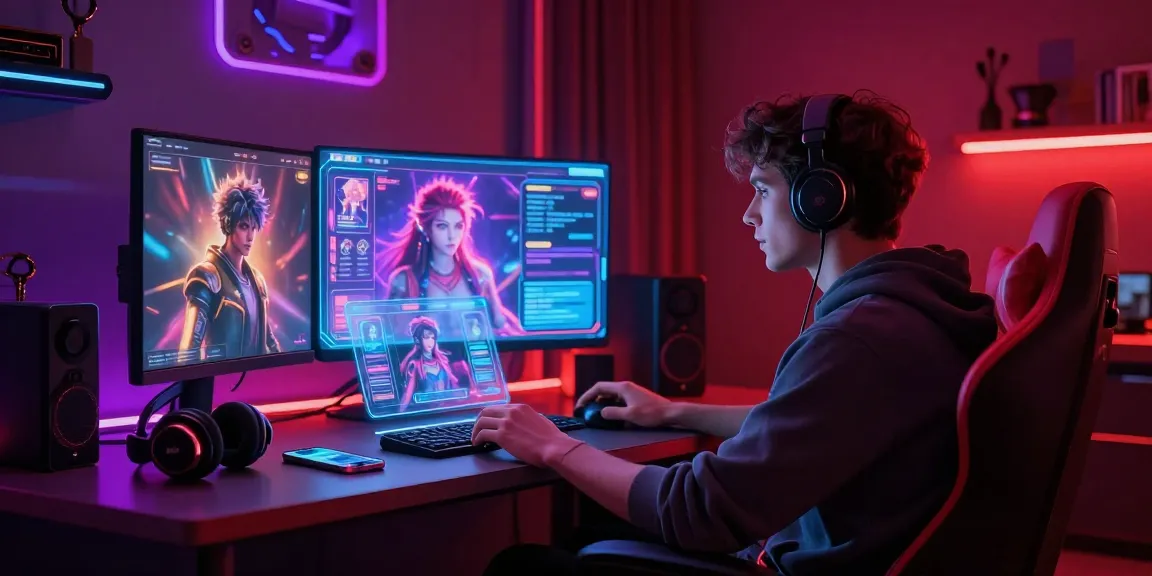 Interactive NSFW AI character chat experience showcasing vibrant holographic interfaces.