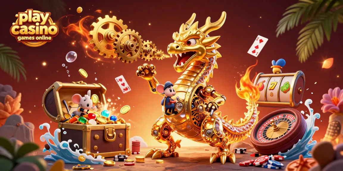 Play casino games online with an exciting illustration of a gold dragon surrounded by vibrant slot and roulette elements.