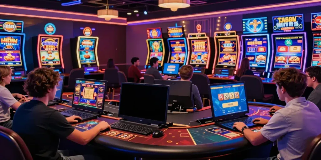 A80 online gaming platform vibrant casino scene with players engaging in various games on laptops and smartphones.