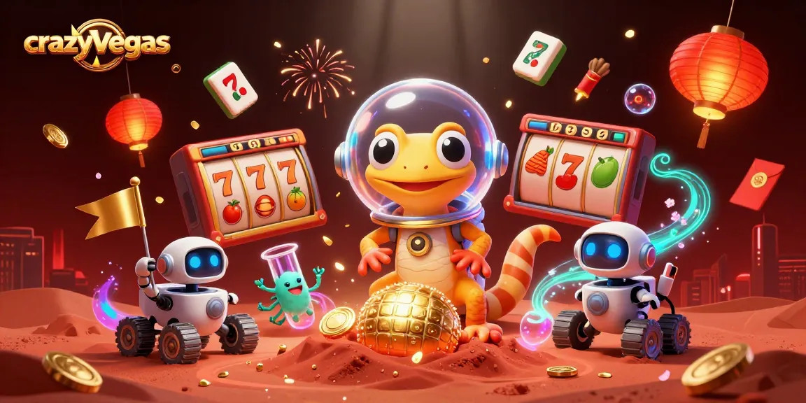 CrazyVegas showcases a Martian gecko, vibrant slot reels, and golden casino elements in an exciting illustration.
