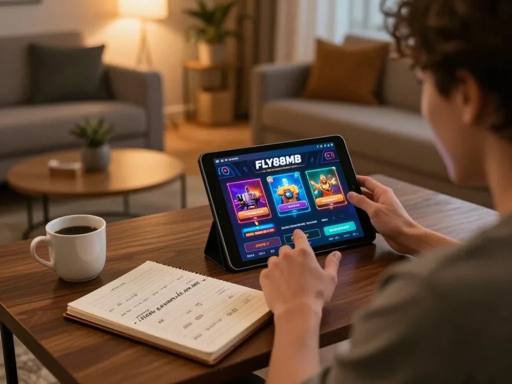 Engaged player at home using FLY88MB app for online gambling with tablet and strategy notes.