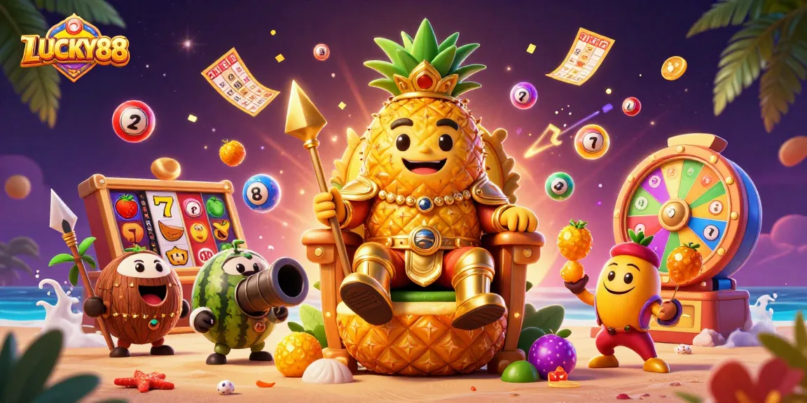 Experience the excitement of LUCKY88 with a vibrant 3D casino scene featuring iconic slot symbols and lively characters.