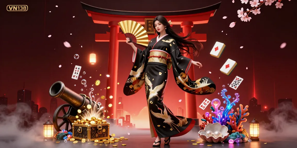 Experience thrilling gameplay at VN138 with an elegant Asian woman celebrating traditional style amid magical gaming elements.