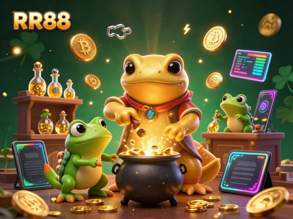 Experience vibrant gaming at RR88 with our dynamic casino illustration featuring gold transformations and crypto elements.